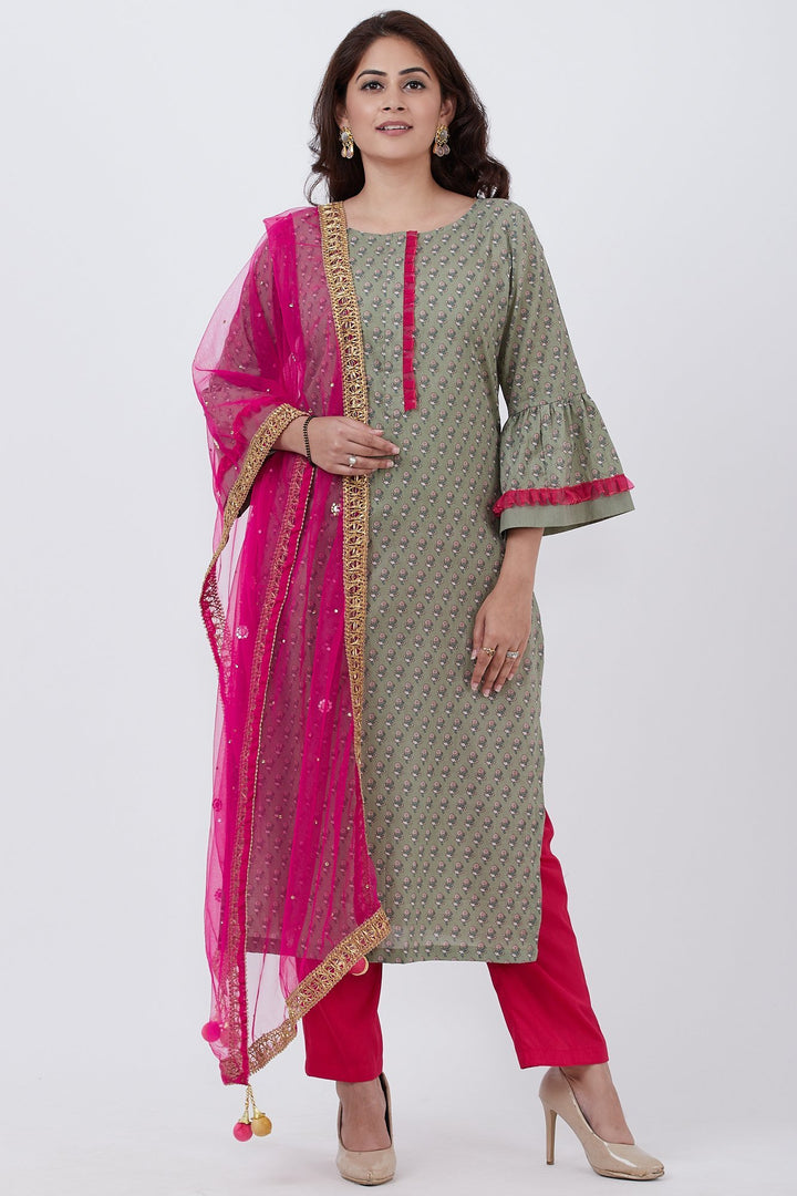 anokherang Combos Olive Green Printed Straight Kurti with Straight Pants and Hot Pink Mirror Net Dupatta