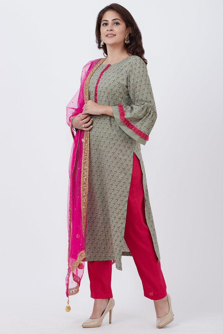 anokherang Combos Olive Green Printed Straight Kurti with Straight Pants and Hot Pink Mirror Net Dupatta