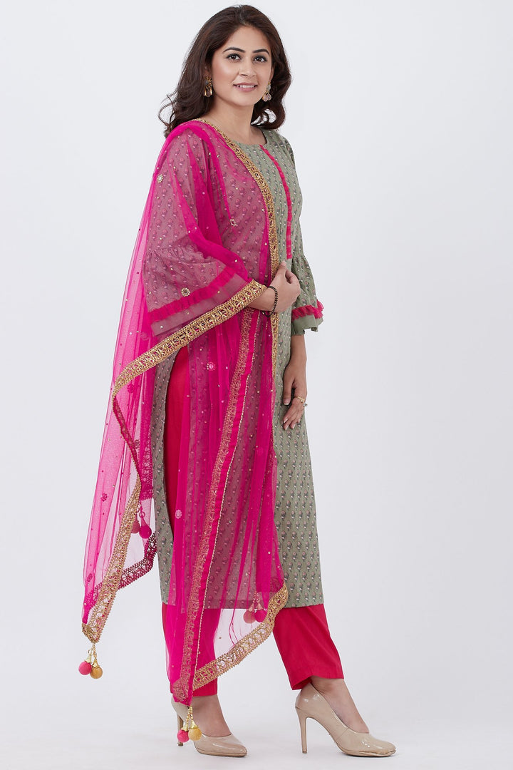 anokherang Combos Olive Green Printed Straight Kurti with Straight Pants and Hot Pink Mirror Net Dupatta