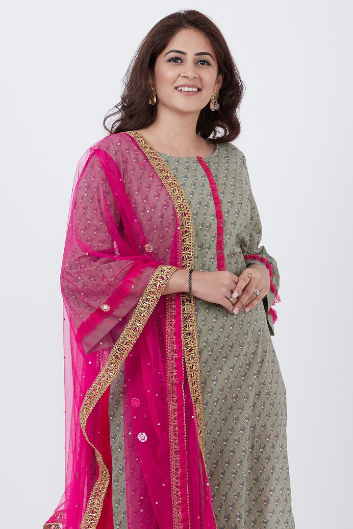 anokherang Combos Olive Green Printed Straight Kurti with Straight Pants and Hot Pink Mirror Net Dupatta