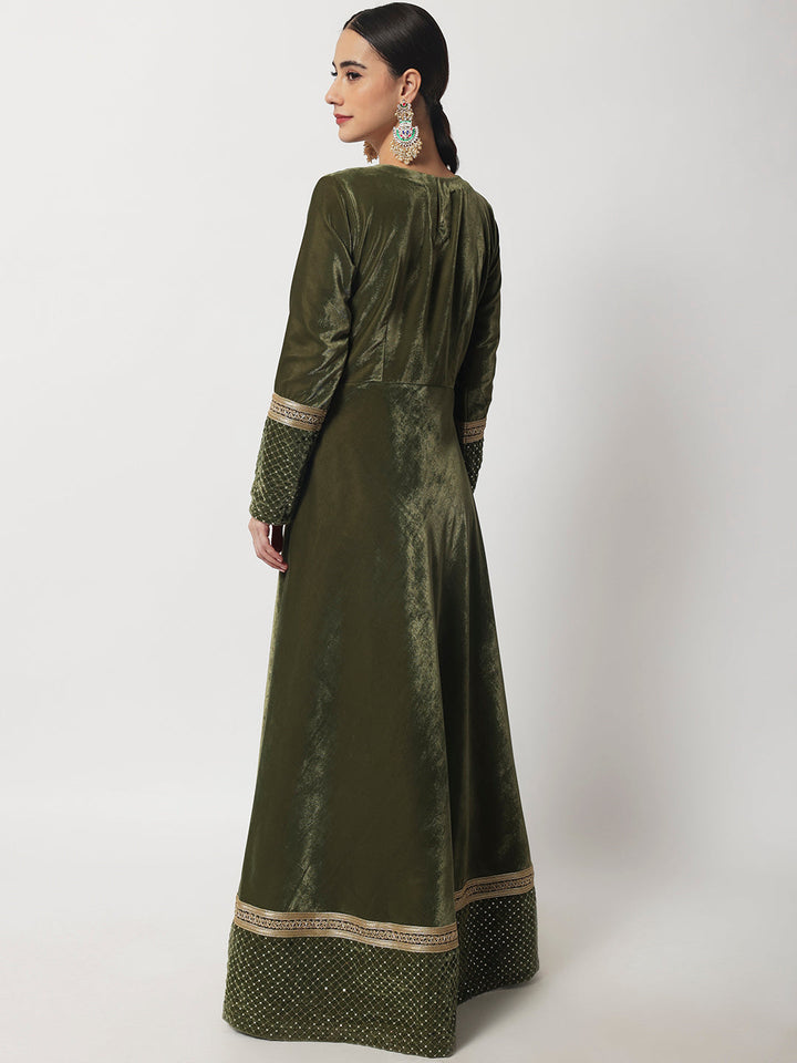 anokherang Combos Olive Green Shine Velvet Floorlength