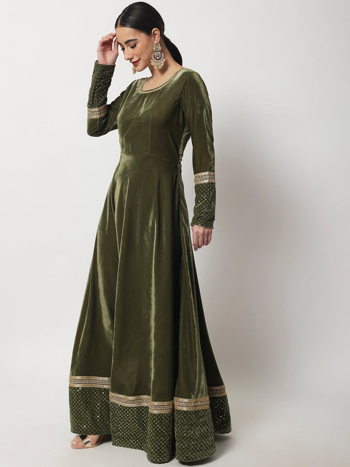 anokherang Combos Olive Green Shine Velvet Floorlength