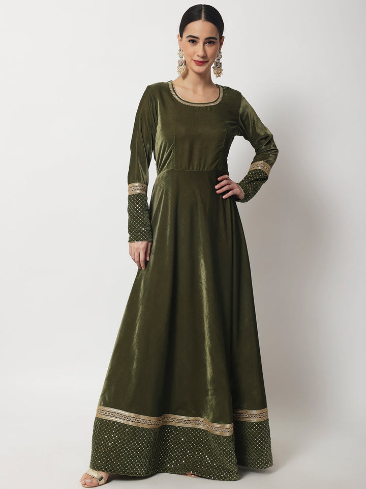 anokherang Combos Olive Green Shine Velvet Floorlength