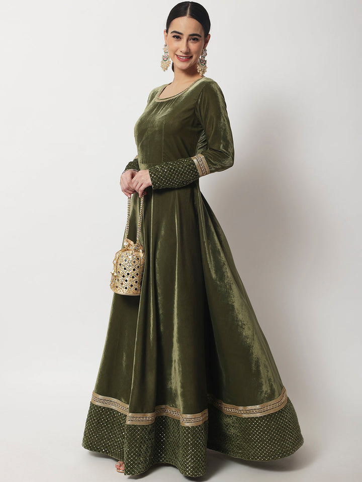 anokherang Combos Olive Green Shine Velvet Floorlength