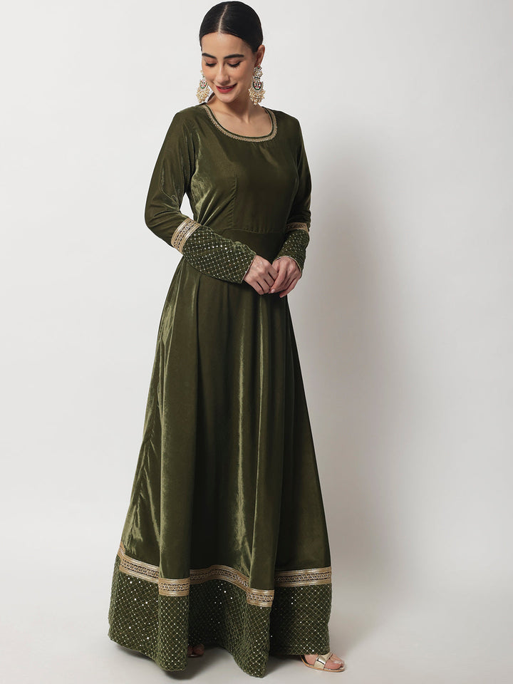 anokherang Combos Olive Green Shine Velvet Floorlength