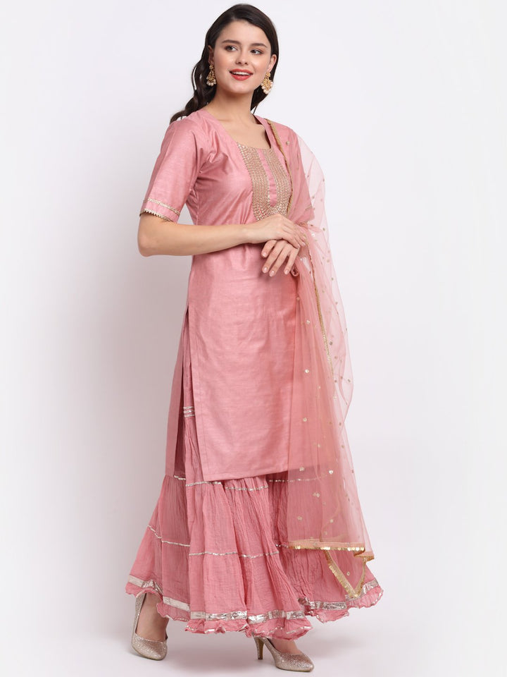 anokherang Combos Onion Pink Short Gota Kurti with Crushed Gathered Gota Sharara and Smiling Peach Scalloped Sequin and Thread Net Dupatta