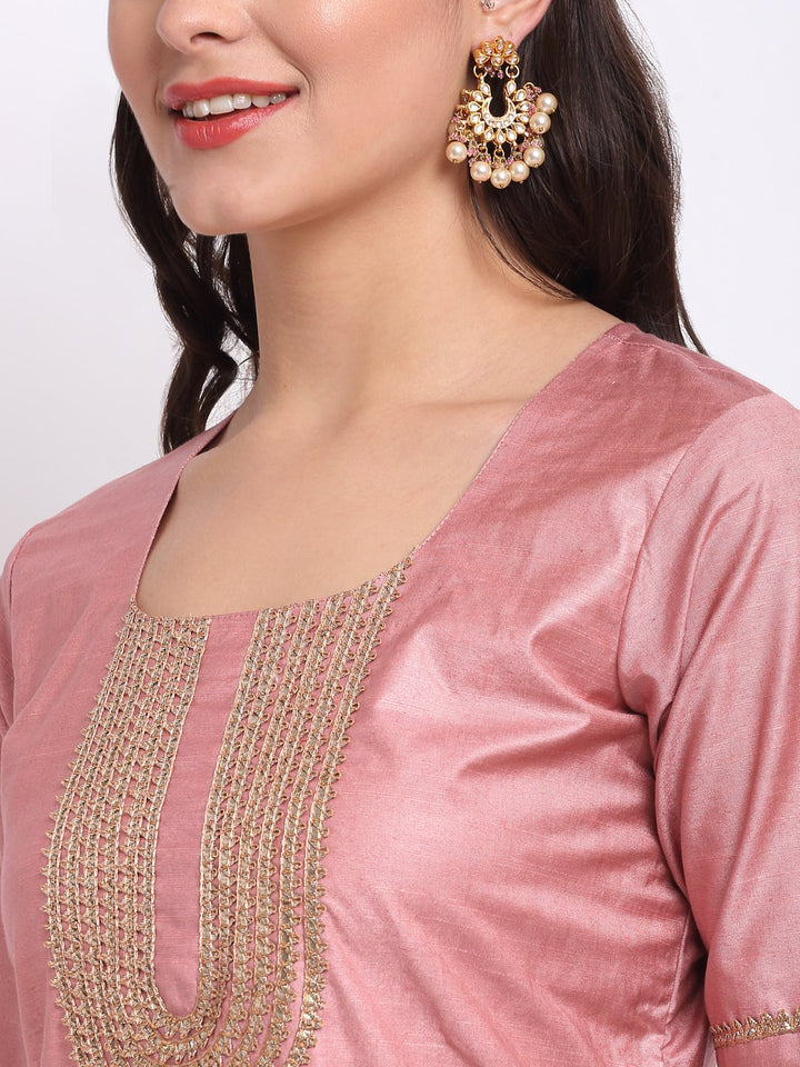 anokherang Combos Onion Pink Short Gota Kurti with Crushed Gathered Gota Sharara and Smiling Peach Scalloped Sequin and Thread Net Dupatta