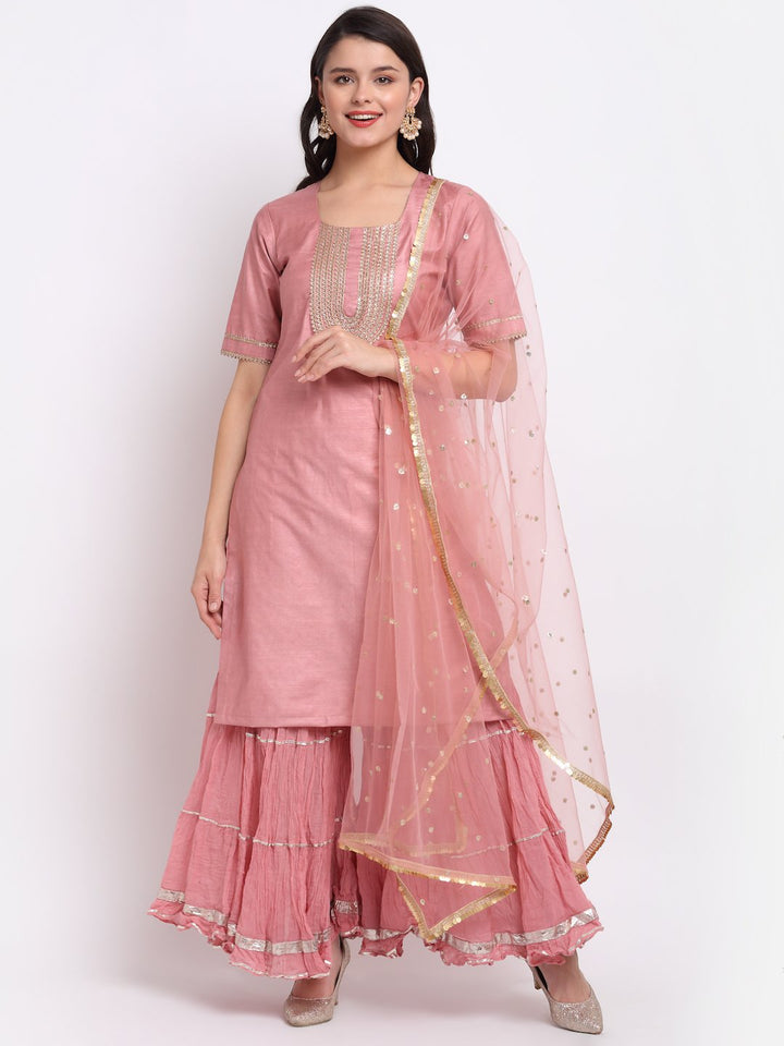anokherang Combos Onion Pink Short Gota Kurti with Crushed Gathered Gota Sharara and Smiling Peach Scalloped Sequin and Thread Net Dupatta