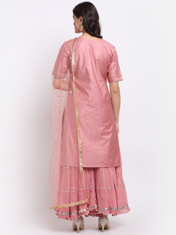 anokherang Combos Onion Pink Short Gota Kurti with Crushed Gathered Gota Sharara and Smiling Peach Scalloped Sequin and Thread Net Dupatta