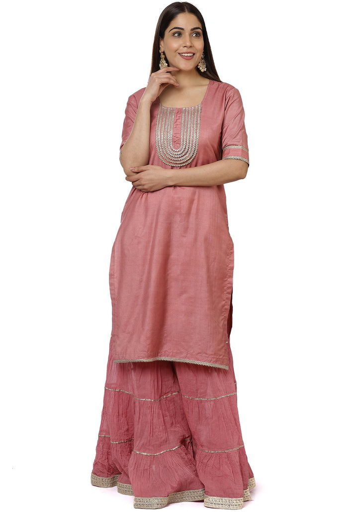 anokherang Combos Onion Pink Short Gotta Kurti with Crushed Gathered Gotta Sharara