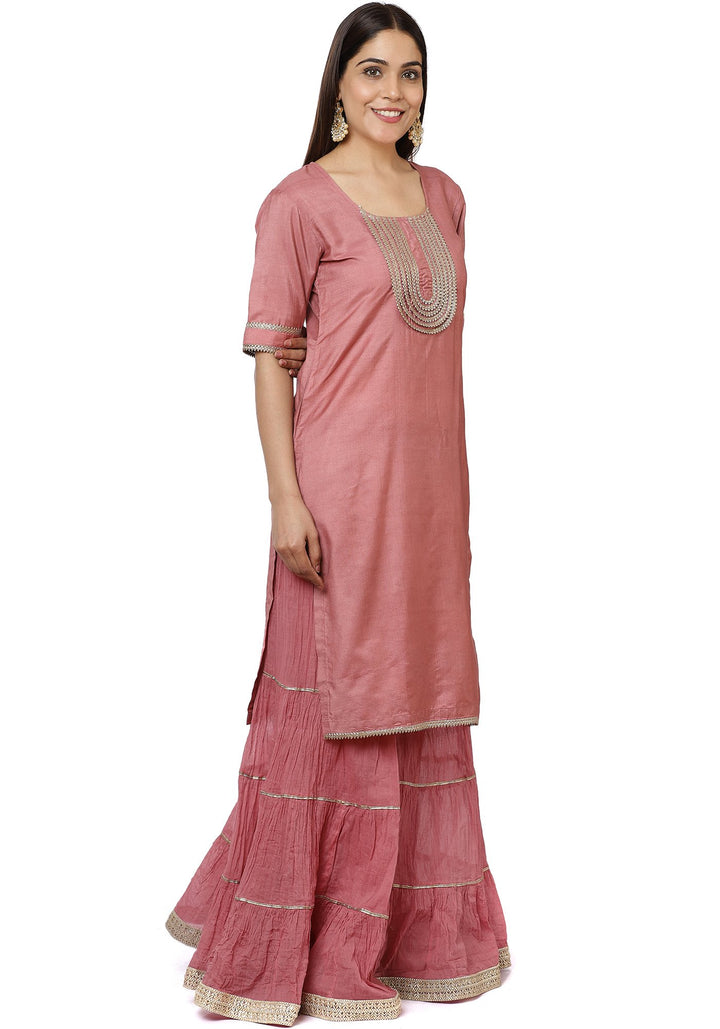 anokherang Combos Onion Pink Short Gotta Kurti with Crushed Gathered Gotta Sharara