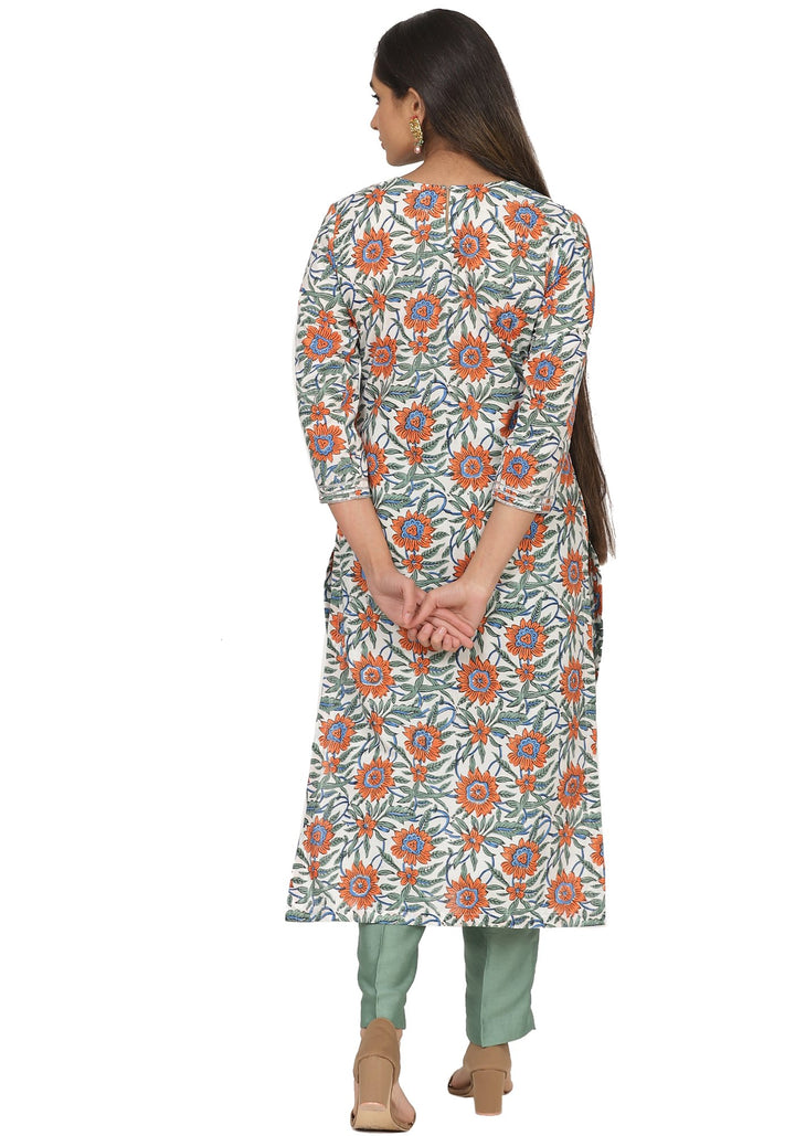 anokherang Combos Orange Flower Printed Gotta Embroidered Kurti with Straight Pants