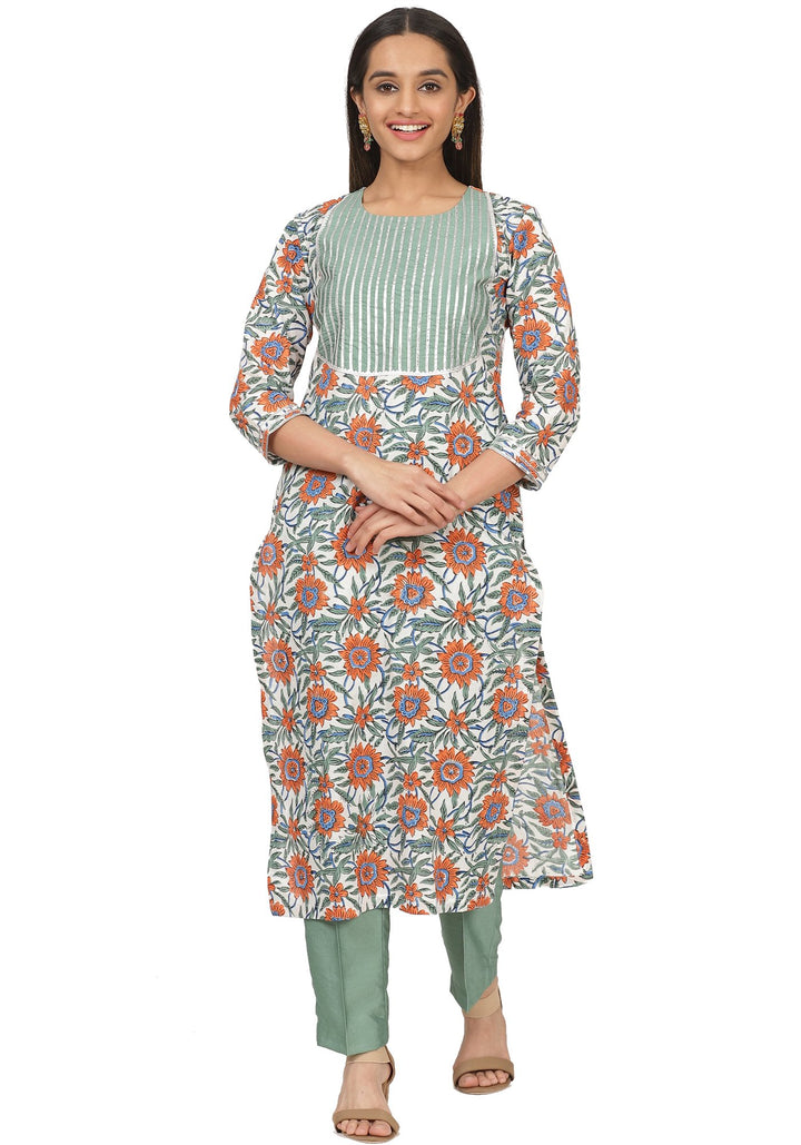 anokherang Combos Orange Flower Printed Gotta Embroidered Kurti with Straight Pants