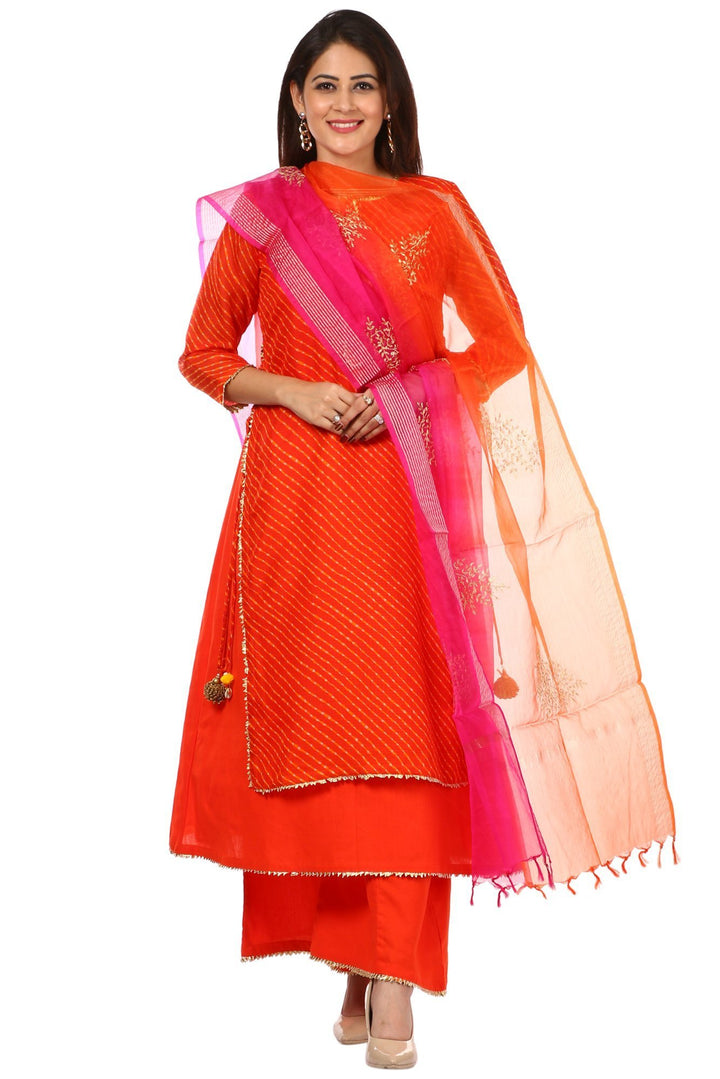 anokherang Combos Orange Leheriya Double Layered Kurti and Kalidaar Palazzo with Shaded Festive Dupatta