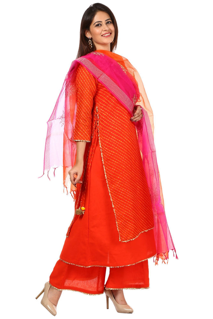 anokherang Combos Orange Leheriya Double Layered Kurti and Kalidaar Palazzo with Shaded Festive Dupatta
