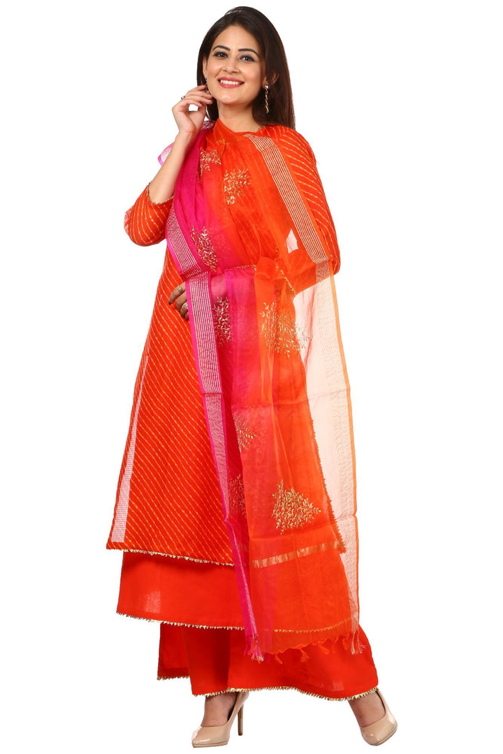 anokherang Combos Orange Leheriya Double Layered Kurti and Kalidaar Palazzo with Shaded Festive Dupatta