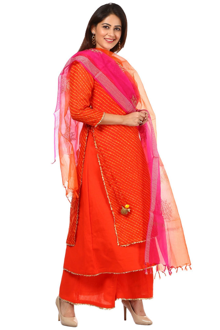 anokherang Combos Orange Leheriya Double Layered Kurti and Kalidaar Palazzo with Shaded Festive Dupatta