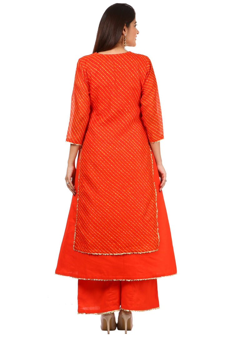 anokherang Combos Orange Leheriya Double Layered Kurti and Kalidaar Palazzo with Shaded Festive Dupatta