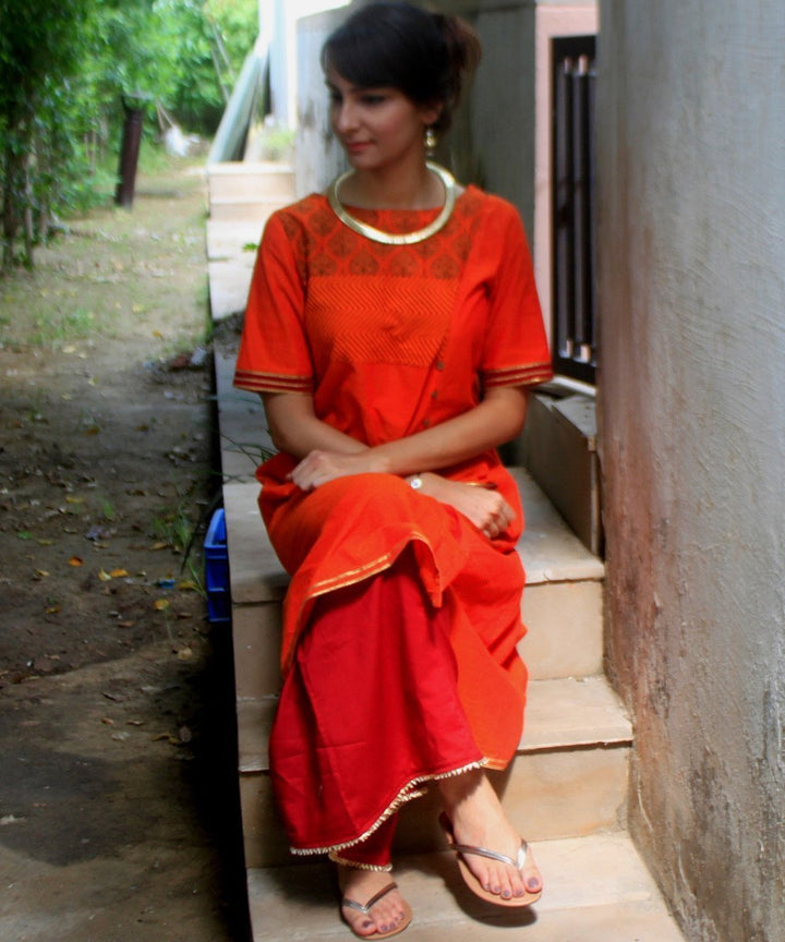 anokherang Combos Orange Printed Buttoned Straight Kurti with Palazzos