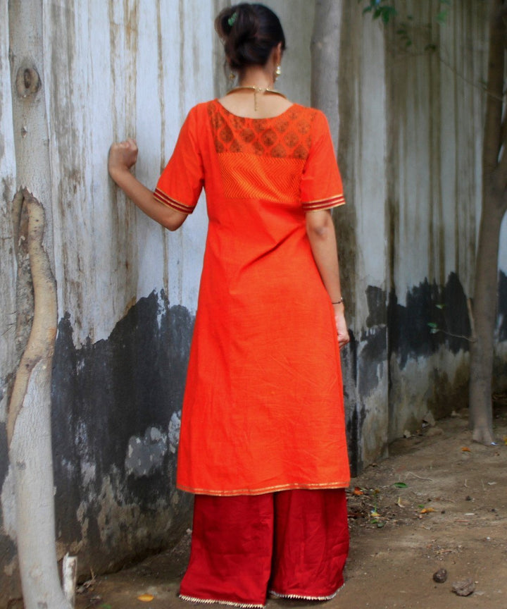 anokherang Combos Orange Printed Buttoned Straight Kurti with Palazzos