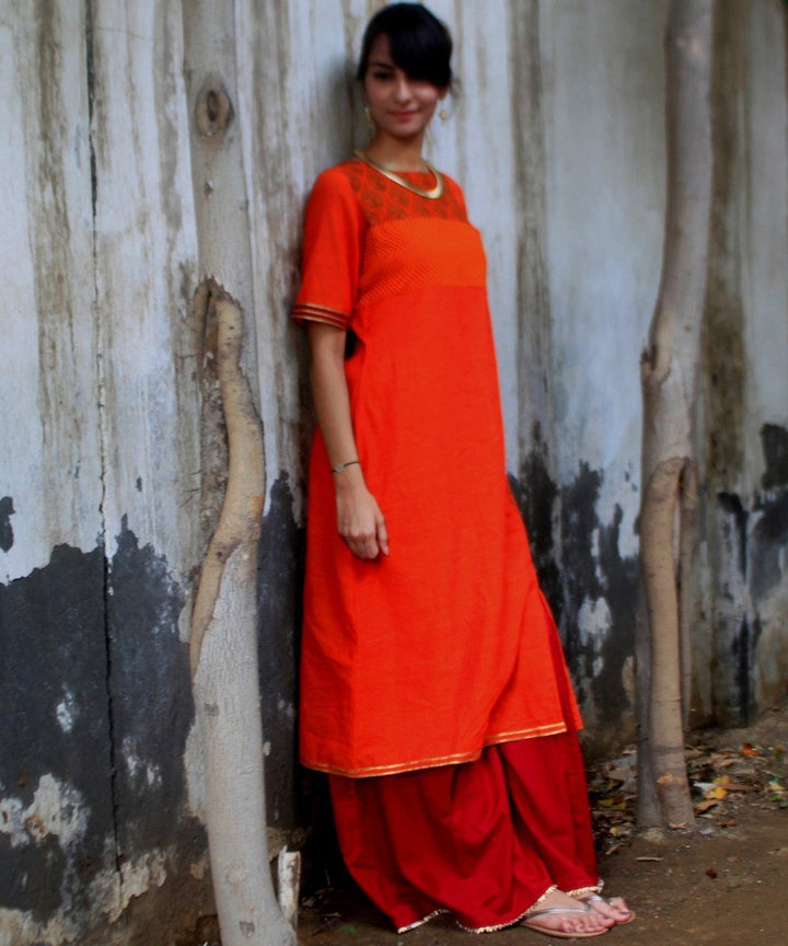 anokherang Combos Orange Printed Buttoned Straight Kurti with Palazzos