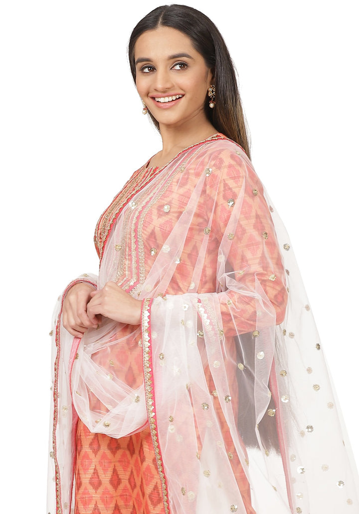 anokherang Combos Orange Silk Ikkat Gota Kurti with Gota Palazzo and Net Sequin Dupatta