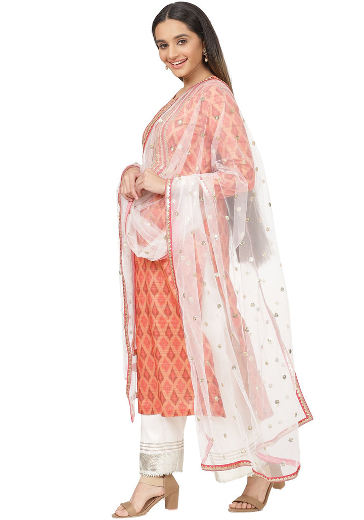 anokherang Combos Orange Silk Ikkat Gota Kurti with Gota Palazzo and Net Sequin Dupatta