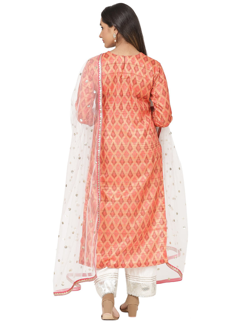 anokherang Combos Orange Silk Ikkat Gota Kurti with Gota Palazzo and Net Sequin Dupatta