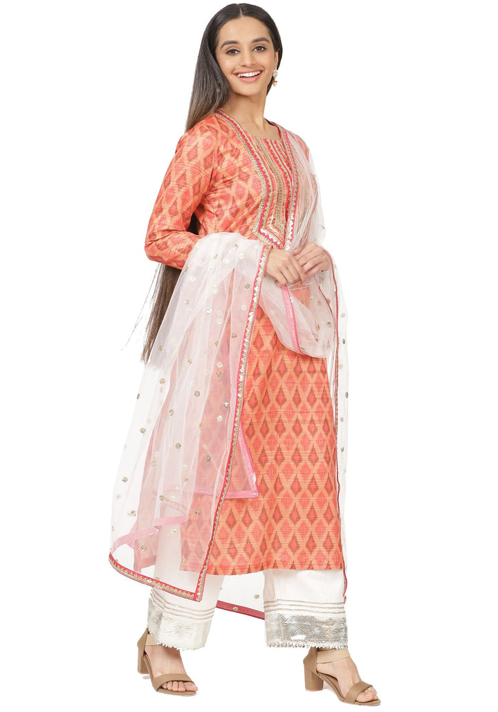 anokherang Combos Orange Silk Ikkat Gota Kurti with Gota Palazzo and Net Sequin Dupatta