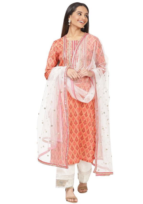 anokherang Combos Orange Silk Ikkat Gota Kurti with Gota Palazzo and Net Sequin Dupatta