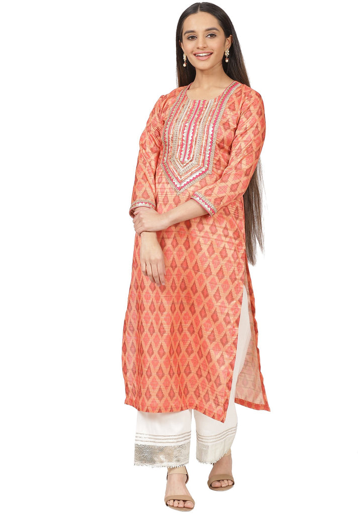 anokherang Combos Orange Silk Ikkat Gotta Straight Kurti with Straight Gotta Palazzo