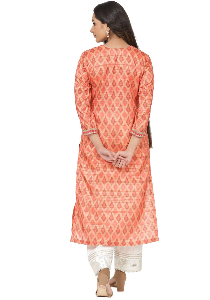 anokherang Combos Orange Silk Ikkat Gotta Straight Kurti with Straight Gotta Palazzo