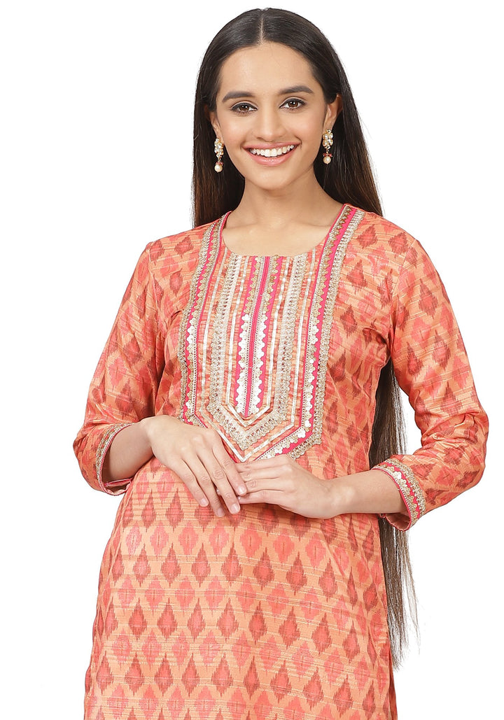 anokherang Combos Orange Silk Ikkat Gotta Straight Kurti with Straight Gotta Palazzo