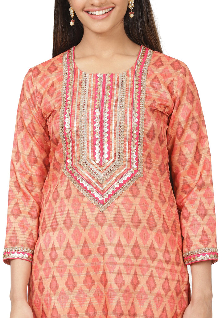 anokherang Combos Orange Silk Ikkat Gotta Straight Kurti with Straight Gotta Palazzo