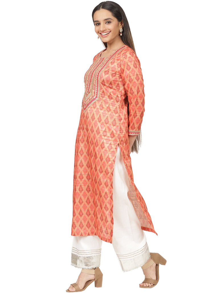 anokherang Combos Orange Silk Ikkat Gotta Straight Kurti with Straight Gotta Palazzo