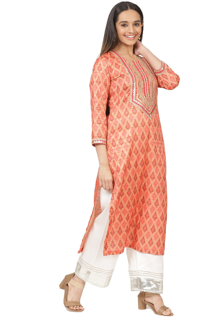 anokherang Combos Orange Silk Ikkat Gotta Straight Kurti with Straight Gotta Palazzo
