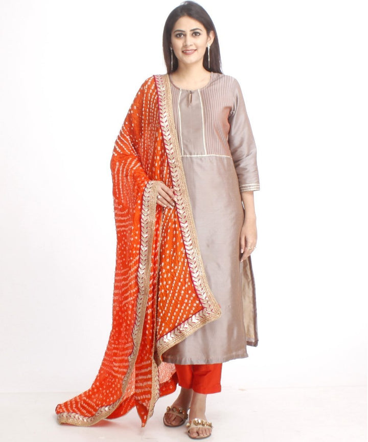 anokherang Combos Orange Sunrise Pintucked Kurti with Straight Pants and Orange Silk Bhandhej Dupatta