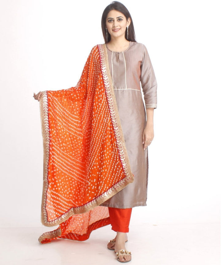 anokherang Combos Orange Sunrise Pintucked Kurti with Straight Pants and Orange Silk Bhandhej Dupatta