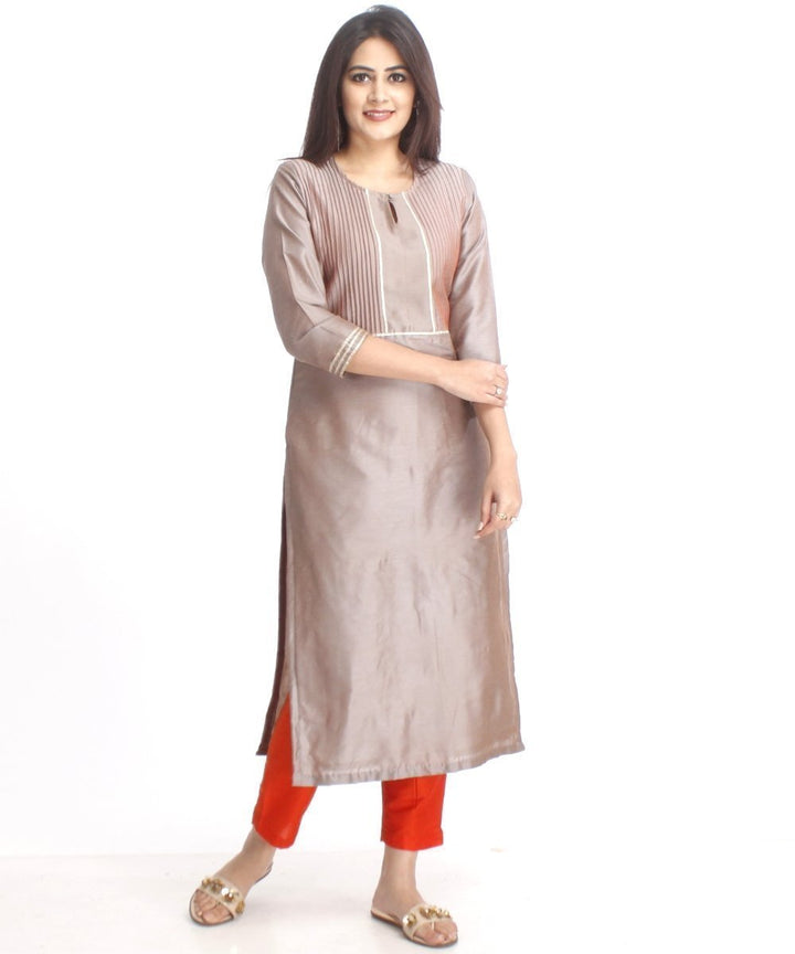 anokherang Combos Orange Sunrise Pintucked Kurti with Straight Pants and Orange Silk Bhandhej Dupatta