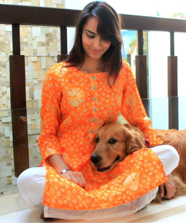 anokherang Combos Orange Tie-Dye Double Layered Kurti with Straight Pants
