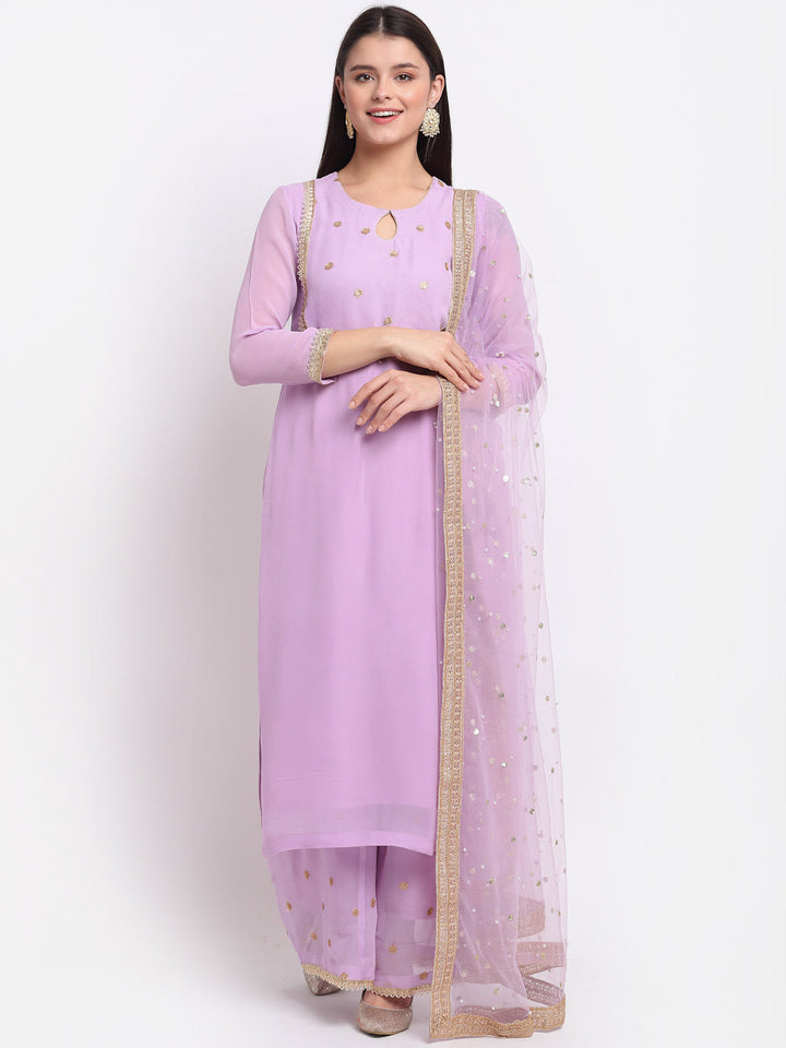 anokherang Combos Orchid Lilac Sequin Yoke Kurti with Sequinned Palazzo and Net Dupatta