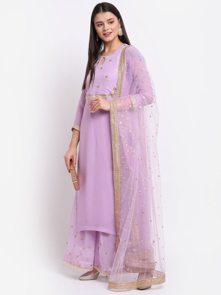 anokherang Combos Orchid Lilac Sequin Yoke Kurti with Sequinned Palazzo and Net Dupatta