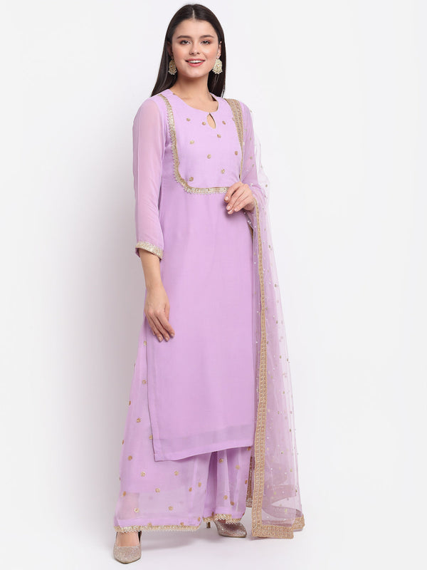 anokherang Combos Orchid Lilac Sequin Yoke Kurti with Sequinned Palazzo and Net Dupatta