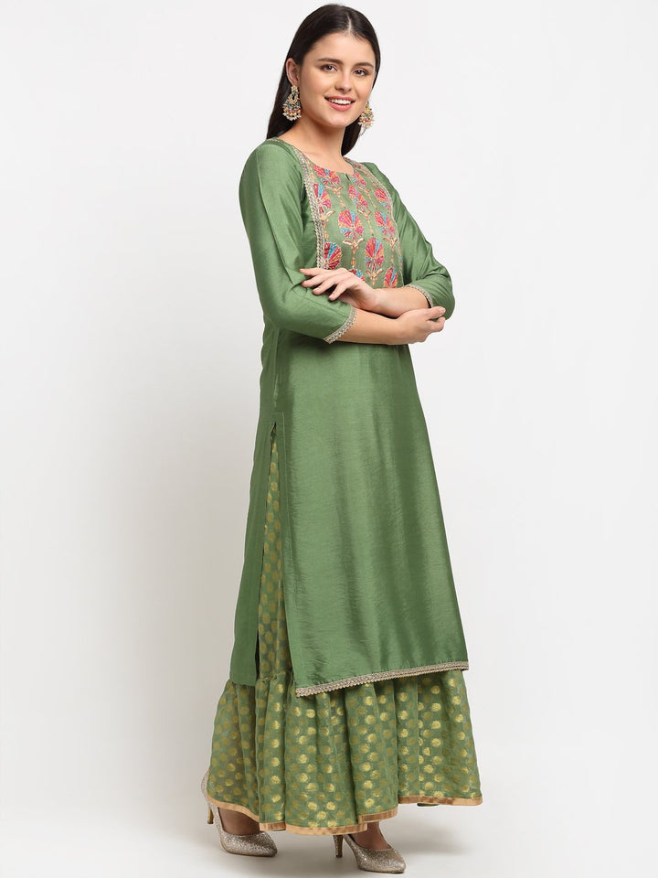 anokherang Combos Ornate Olive Banarsi Embroidered Yoke Layered Floor length