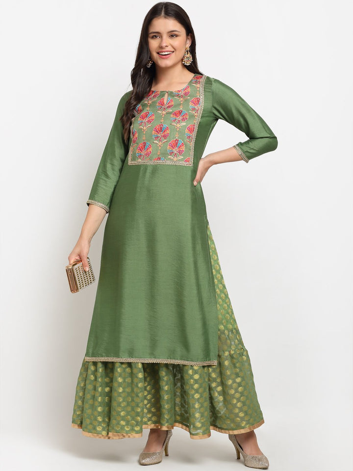 anokherang Combos Ornate Olive Banarsi Embroidered Yoke Layered Floor length