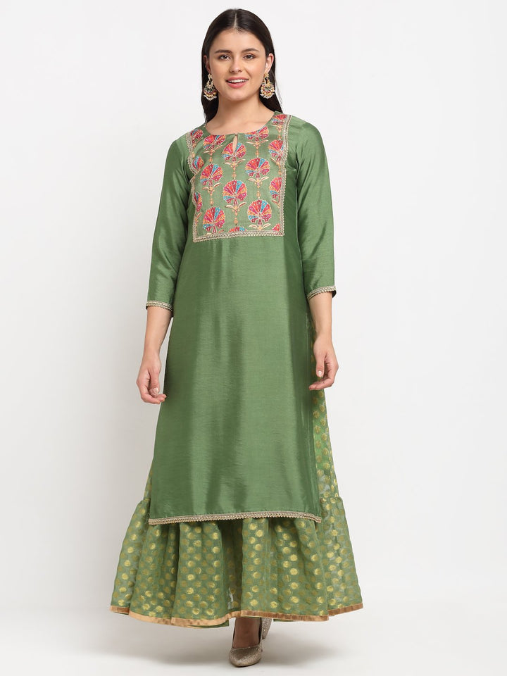 anokherang Combos Ornate Olive Banarsi Embroidered Yoke Layered Floor length