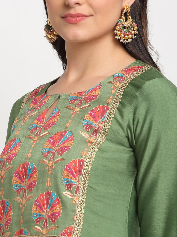 anokherang Combos Ornate Olive Banarsi Embroidered Yoke Layered Floor length with Shade Sequin Dupatta