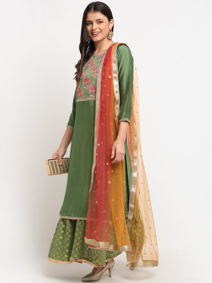 anokherang Combos Ornate Olive Banarsi Embroidered Yoke Layered Floor length with Shade Sequin Dupatta