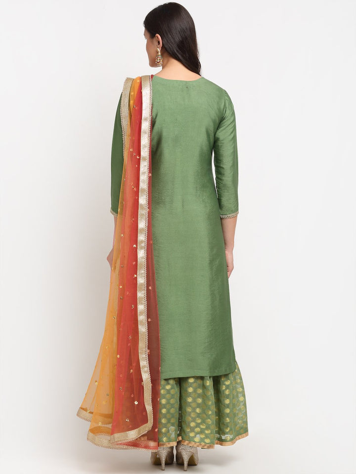 anokherang Combos Ornate Olive Banarsi Embroidered Yoke Layered Floor length with Shade Sequin Dupatta