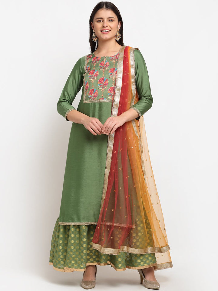 anokherang Combos Ornate Olive Banarsi Embroidered Yoke Layered Floor length with Shade Sequin Dupatta